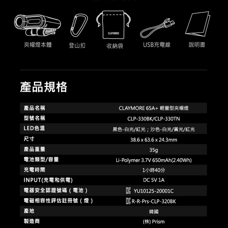CLAYMORE 65A+ 輕量型夾帽燈【綠色工場】韓國製 釣魚燈 強光頭燈 充電式頭燈 感應帽夾燈 夜衝頭燈