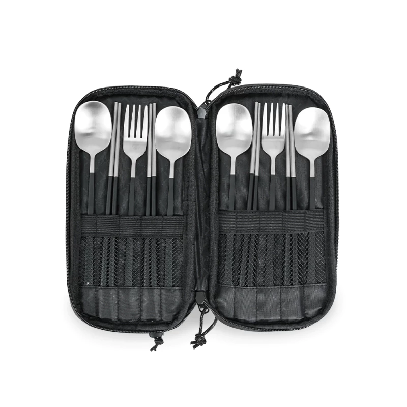 KZM 工業風餐具組2P/4P【綠色工場】露營餐具 餐廚具 304不鏽鋼 筷子 湯匙 叉子 附專用收納袋