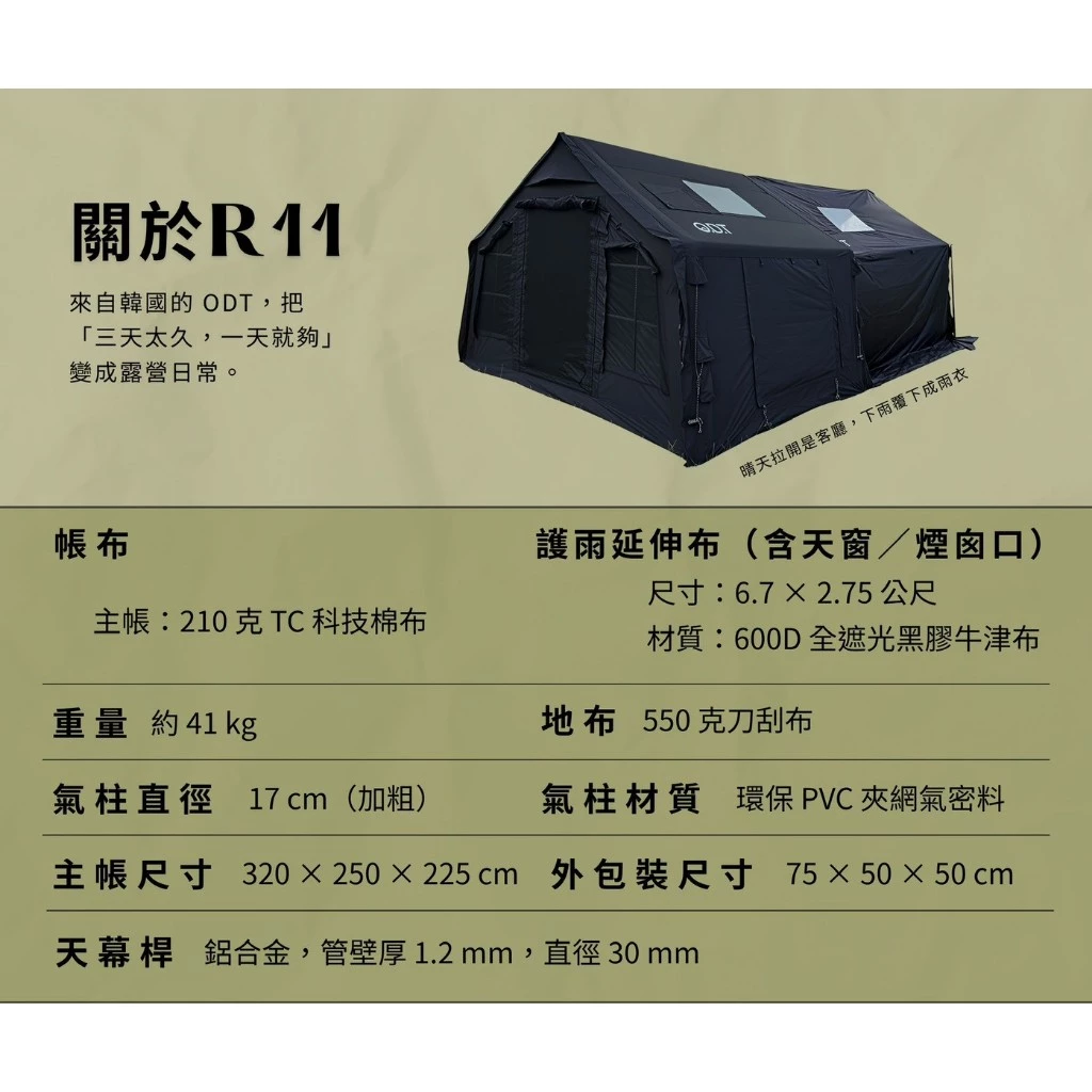ODT R11 充氣帳篷【綠色工場】一房一廳 充氣帳 氣柱帳 氣柱永久保固 TC科技棉帳 露營帳篷 別墅帳 家庭帳