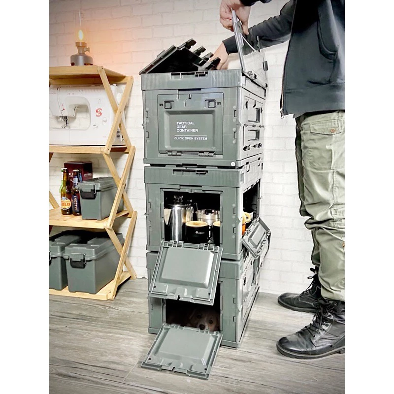【綠色工場】<CampingBar> 軍風軍綠色折疊箱 居家收納 側開箱 折疊收納箱 露營收納箱 收納櫃 摺疊箱 露營