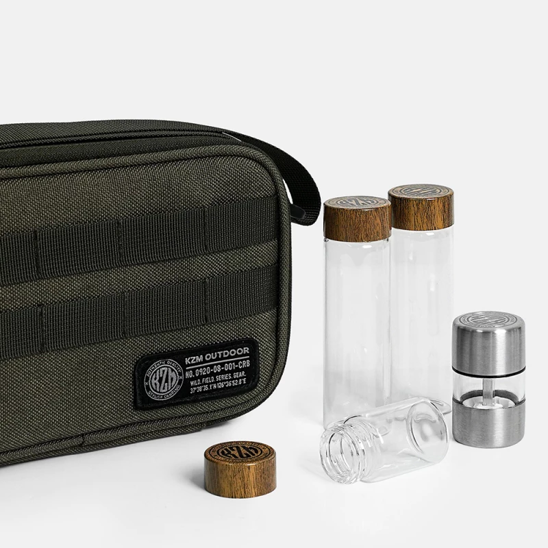 KAZMI KZM 工業風玻璃調味罐組 S/M【綠色工場】調味料組 收納袋 置物袋 附研磨器、玻璃調味罐