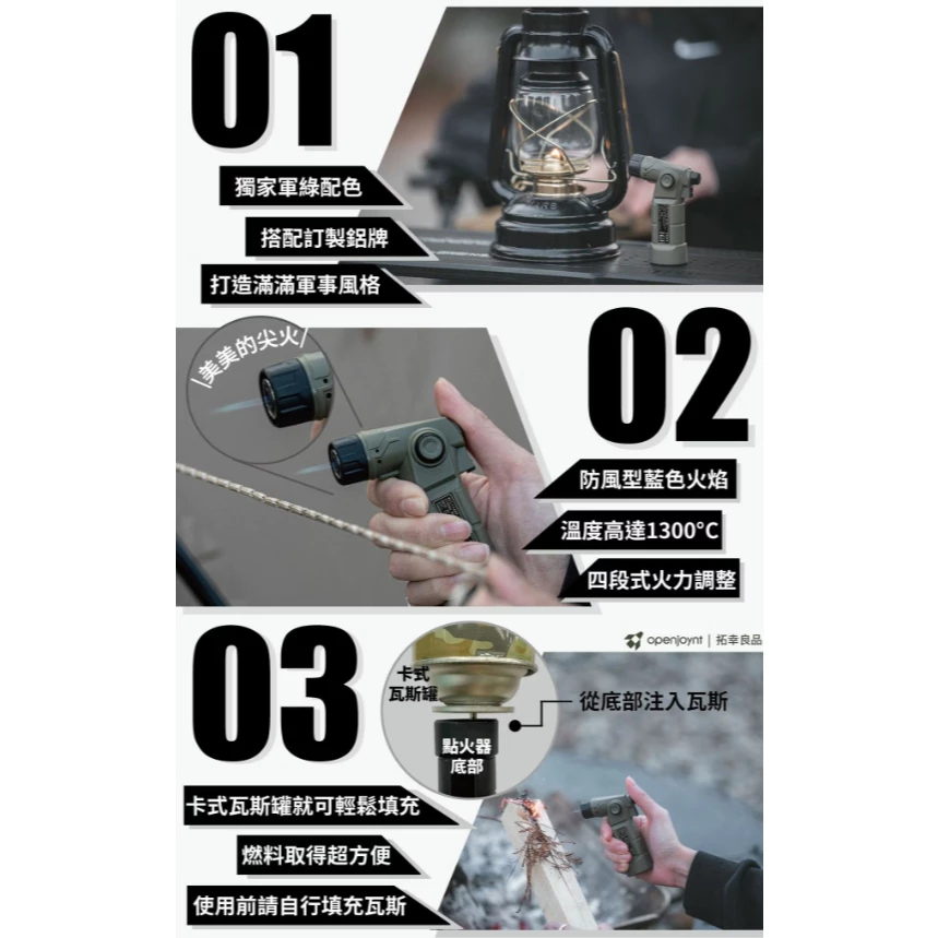 拓幸良品 軍規防風點火器【綠色工場】Openjoynt 打火機 1300°C藍色火焰 兩段式點火 連續點火裝置