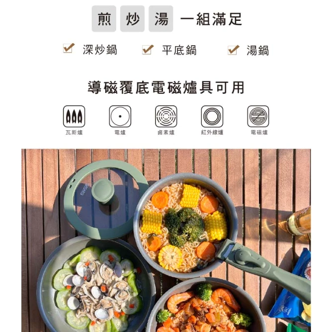 仙德曼 日本Daikin 露營鍋具組【綠色工場】Sadomain 24cm不沾鍋 AG024 平底鍋 湯鍋 附收納袋