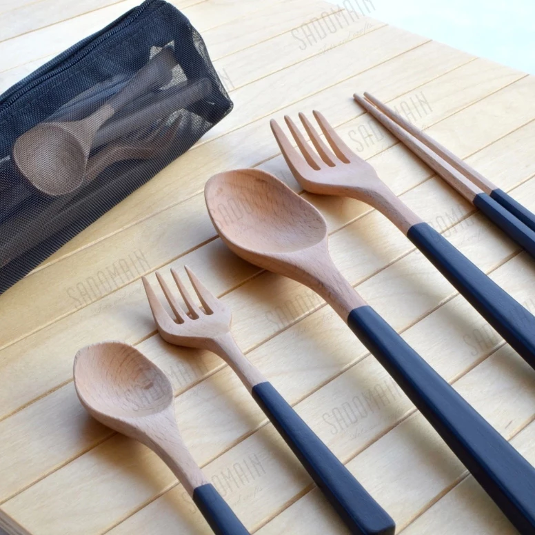 SADOMAIN 仙德曼 露營原木餐具組【綠色工場】露營餐具 湯匙 筷子 叉子 環保餐具 2套入 WG002 附收納袋