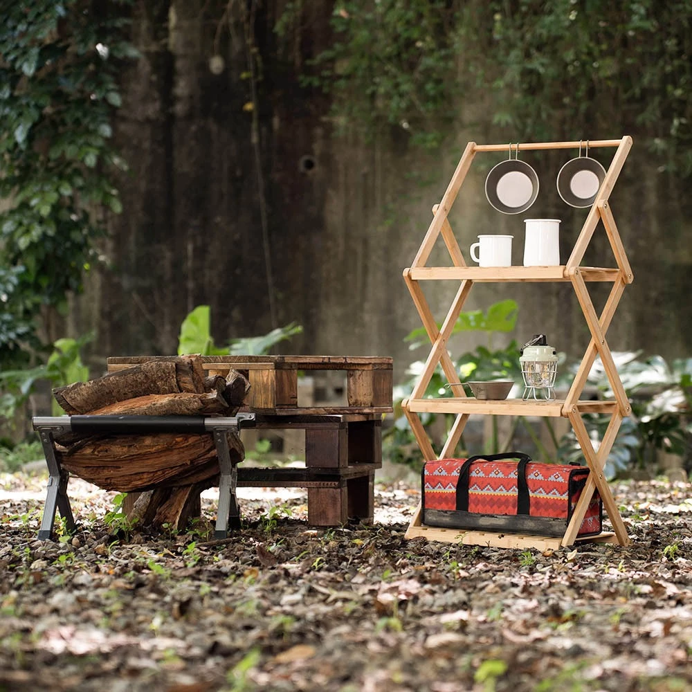 OutdoorBase 竹風戶外層架組【綠色工場】 附精美收納袋 三層架 置物架 掛物架 竹製層架