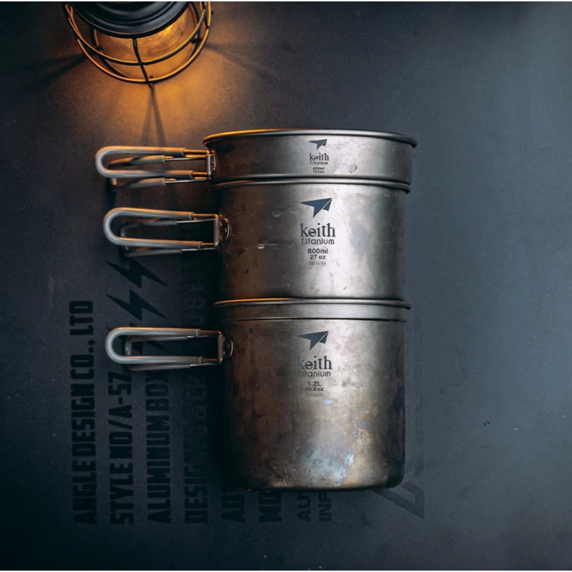 【綠色工場】鎧斯 Keith Ti6014 純鈦單層三件式套鍋 / 折疊把手 / 1200ml (附收納袋) 露營鍋具組