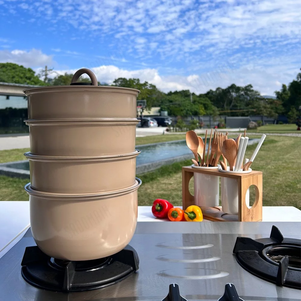 仙德曼 露營蒸鍋套組 【綠色工場】Sadomain 附圓形收納包 露營鍋具組 湯鍋 收納鍋 可堆疊 304不鏽鋼