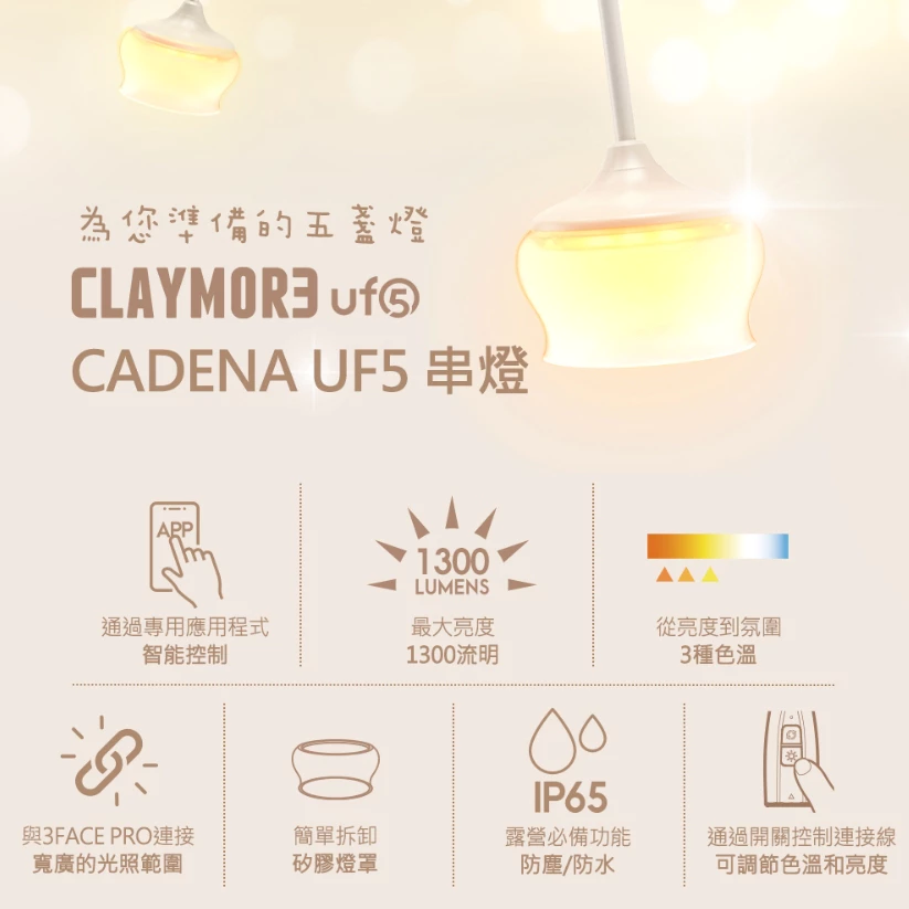 CLAYMORE CADENA UF5 串燈【綠色工場】露營燈串 LED燈泡串 掛燈 氣氛燈 附收納袋、矽膠燈罩