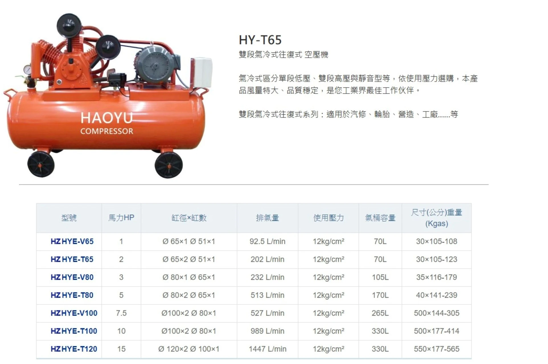 HY-T65 單段氣冷式往復式 空壓機