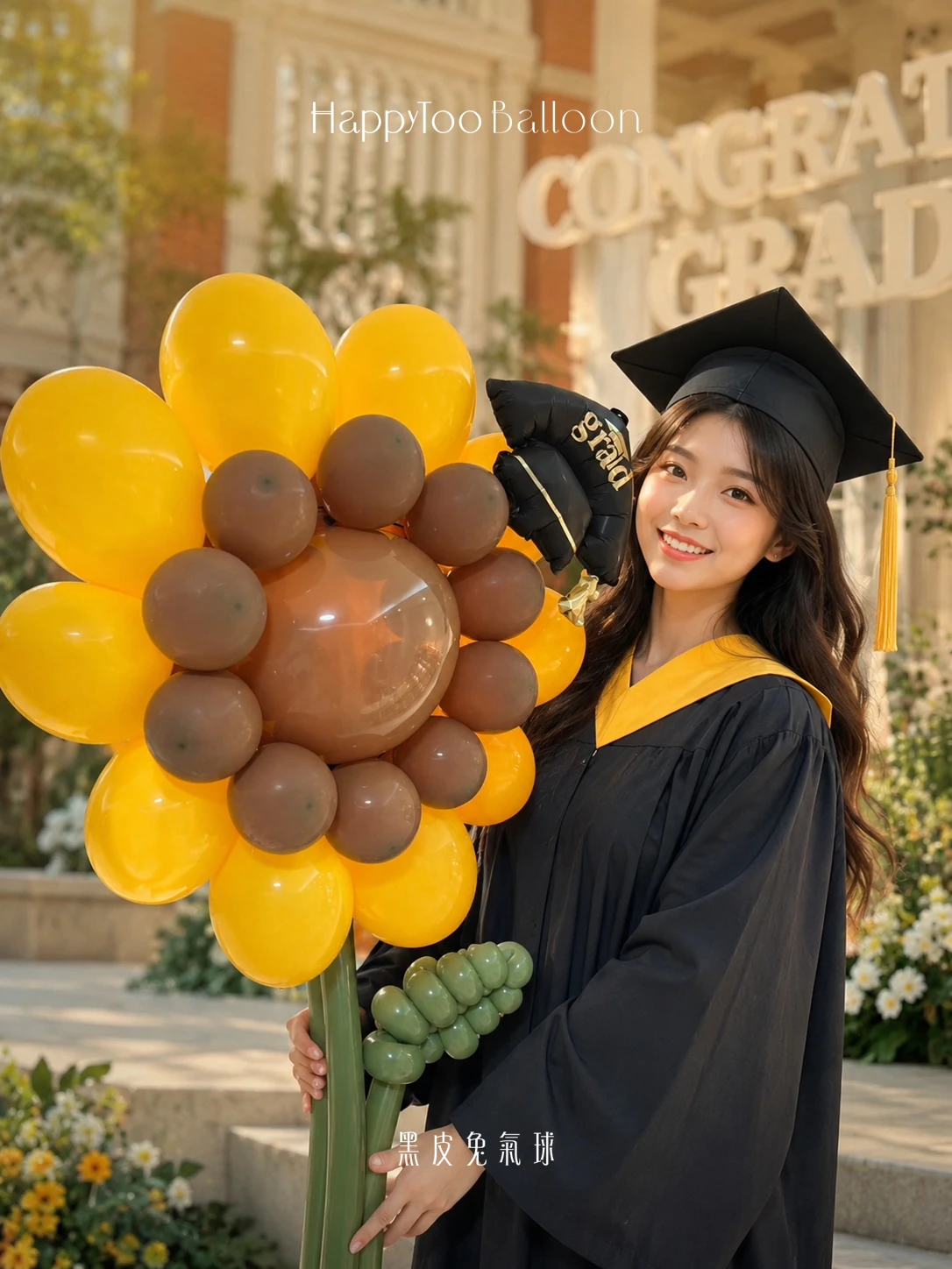 陽光畢業花禮系列｜大向日葵氣球花加畢業帽 Sunshine Grad Collection｜Grad Cap Sunflower Balloon Bouquet