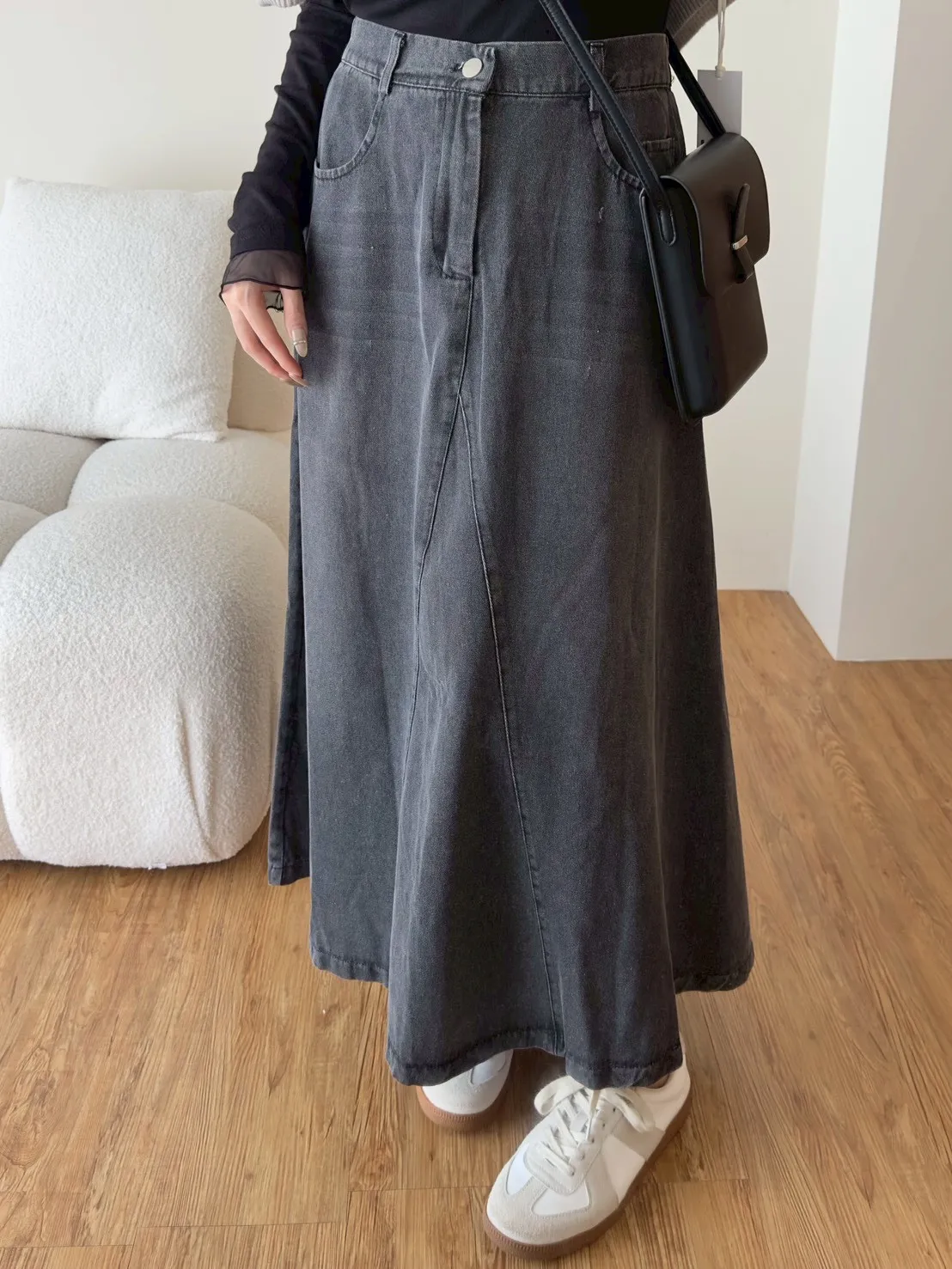 前工藝刷色牛仔長裙