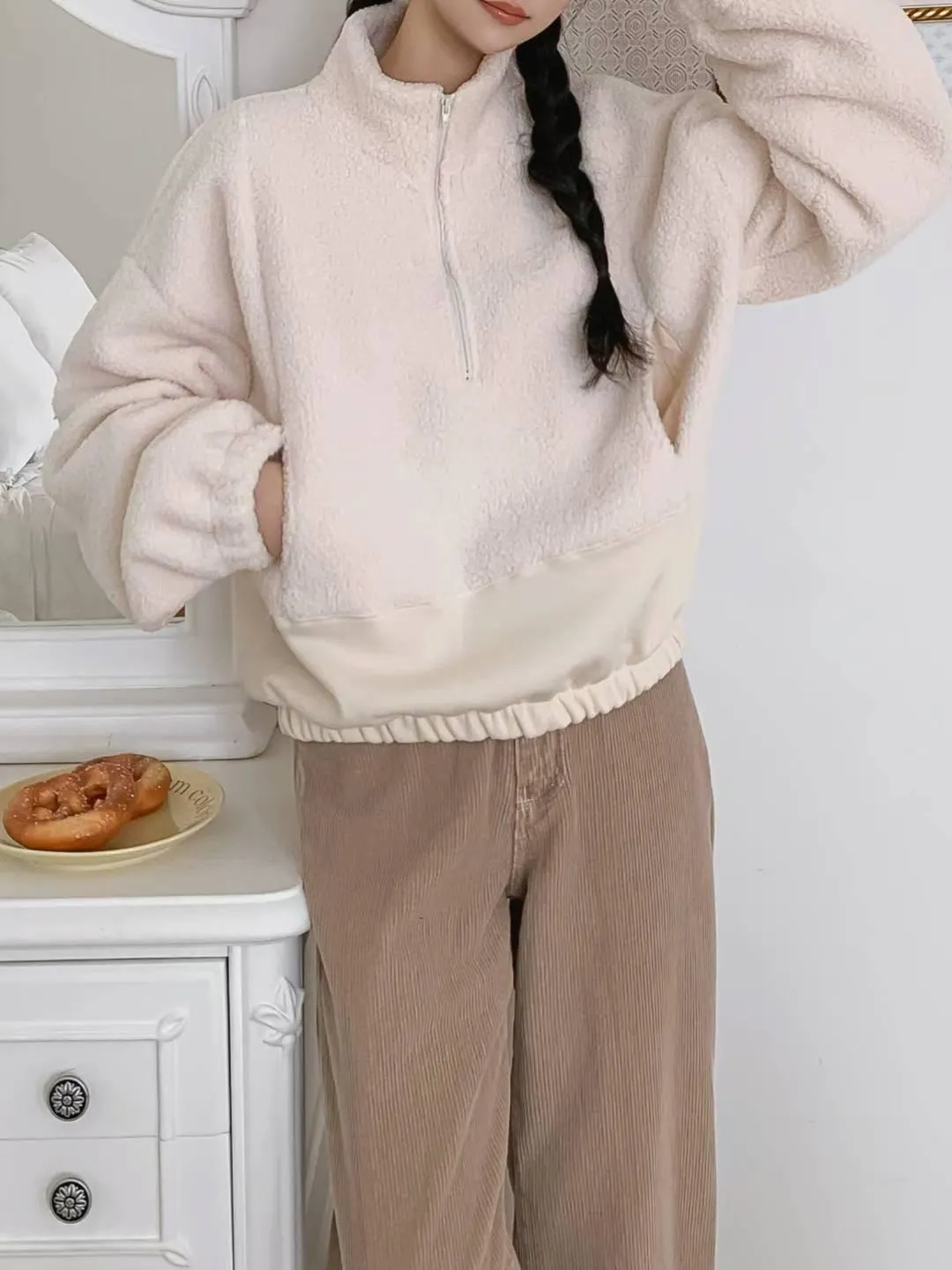 正韓QQ毛拉鏈口袋休閒上衣