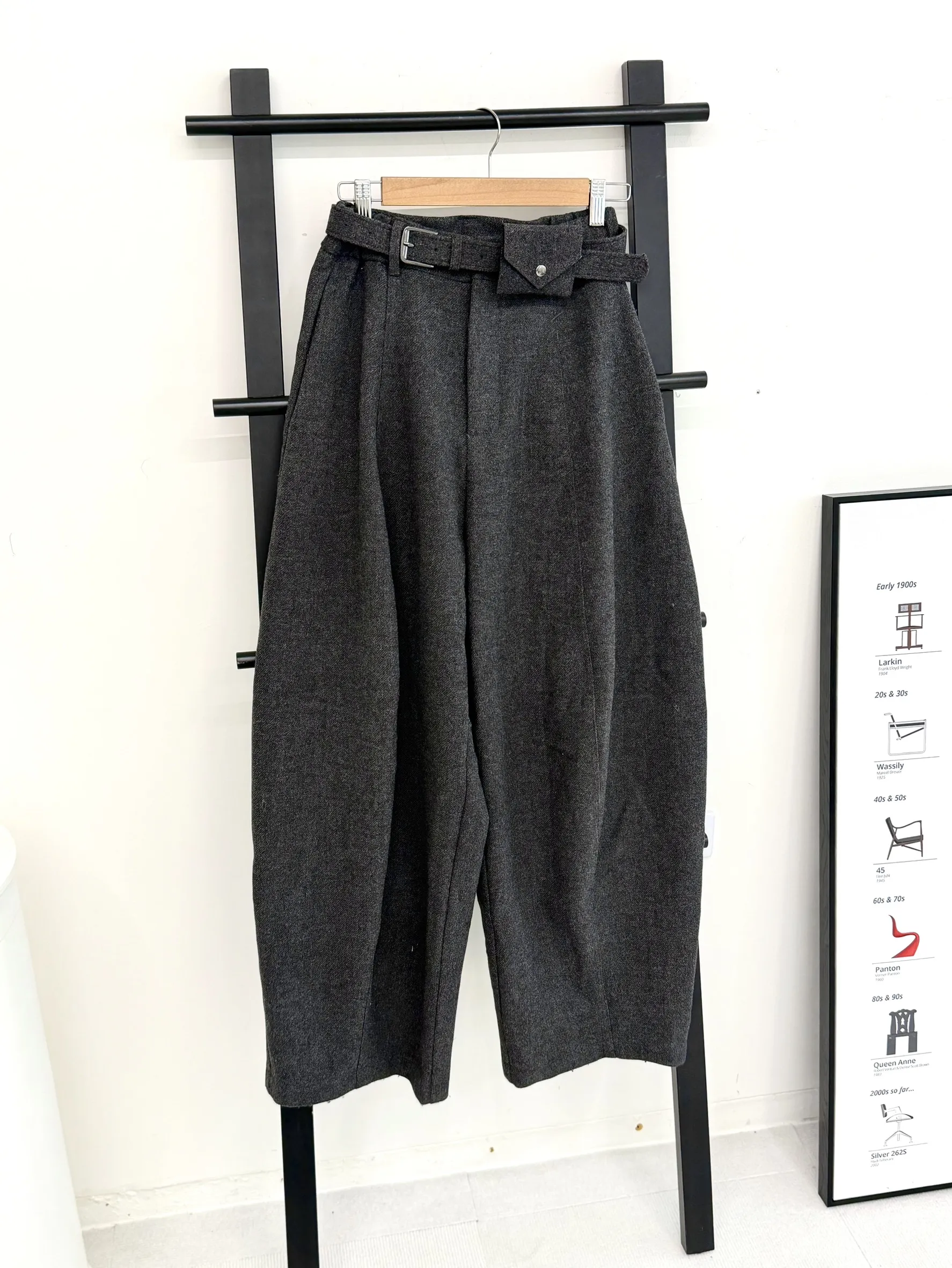 毛呢彎刀闊腿西裝褲（附腰帶）