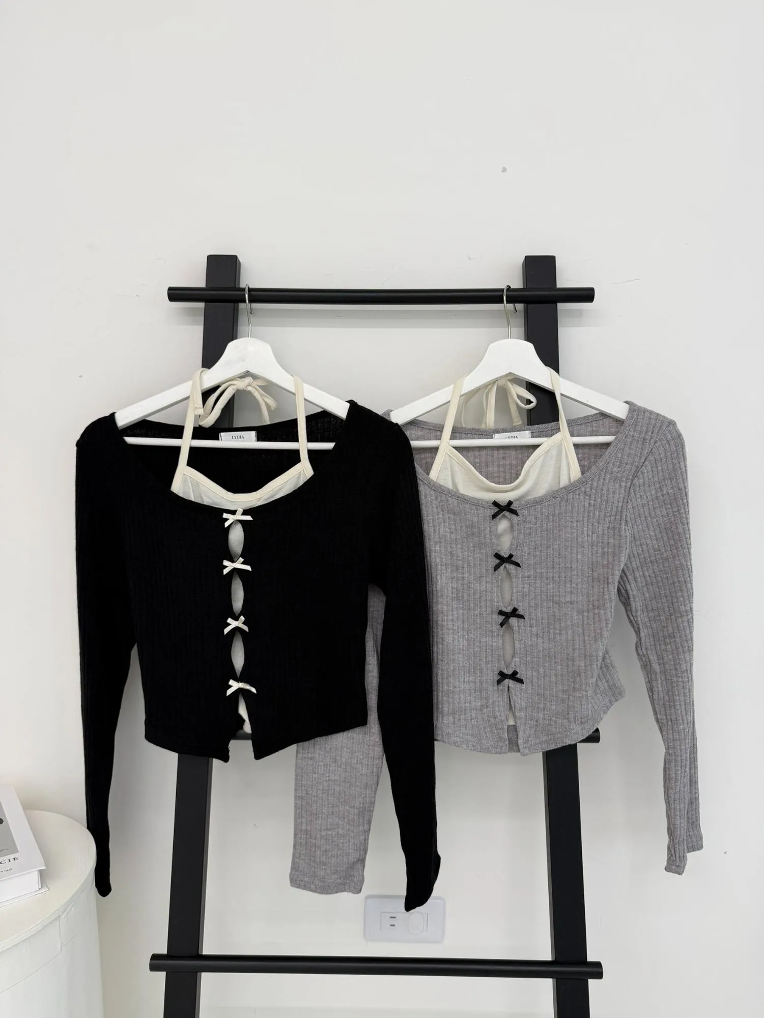 正韓螺紋緞帶長袖假兩件開衫