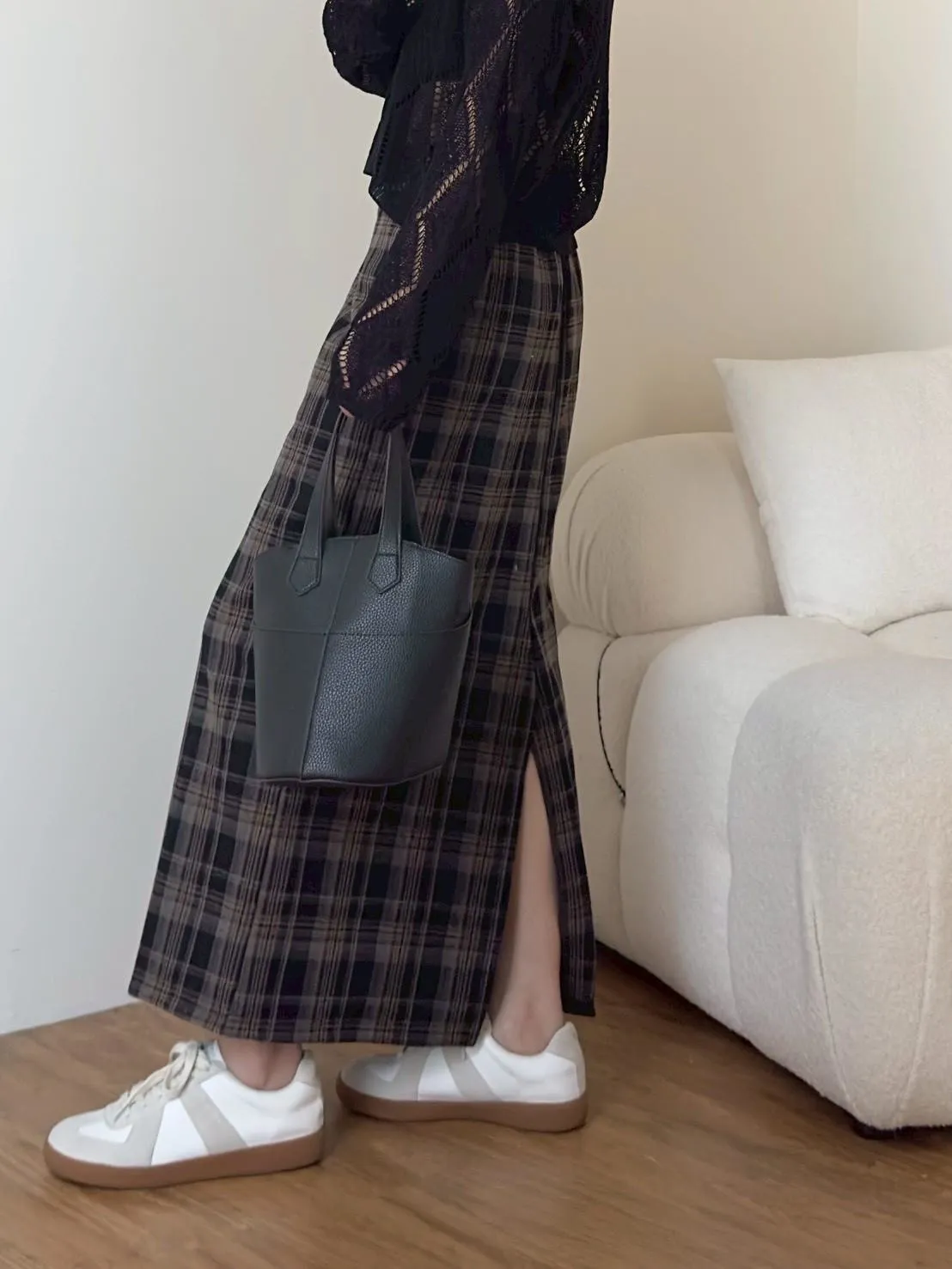 毛呢格紋後開衩長裙
