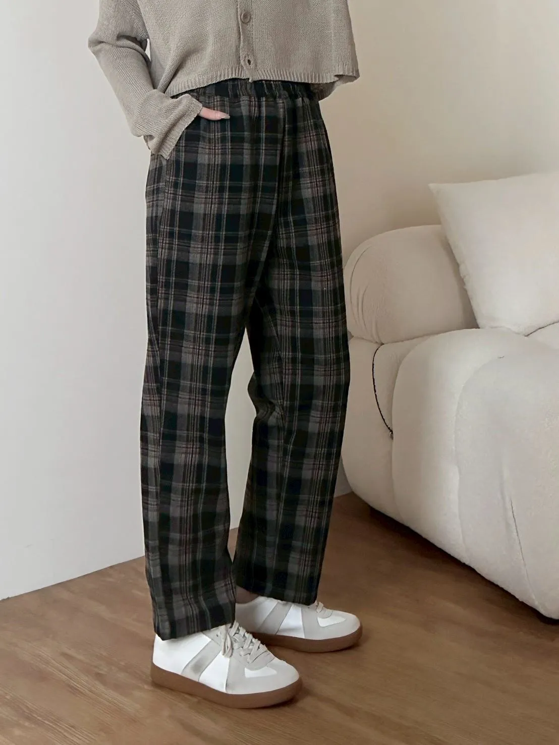 毛呢格紋奶奶褲