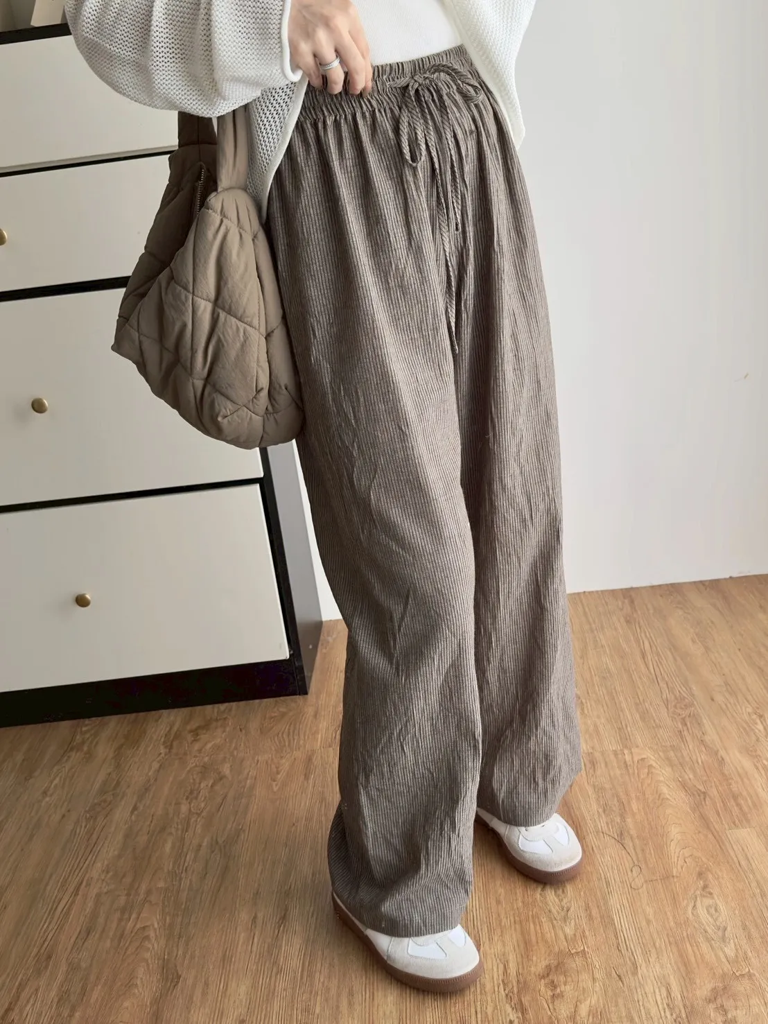 直條綁帶棉麻長褲