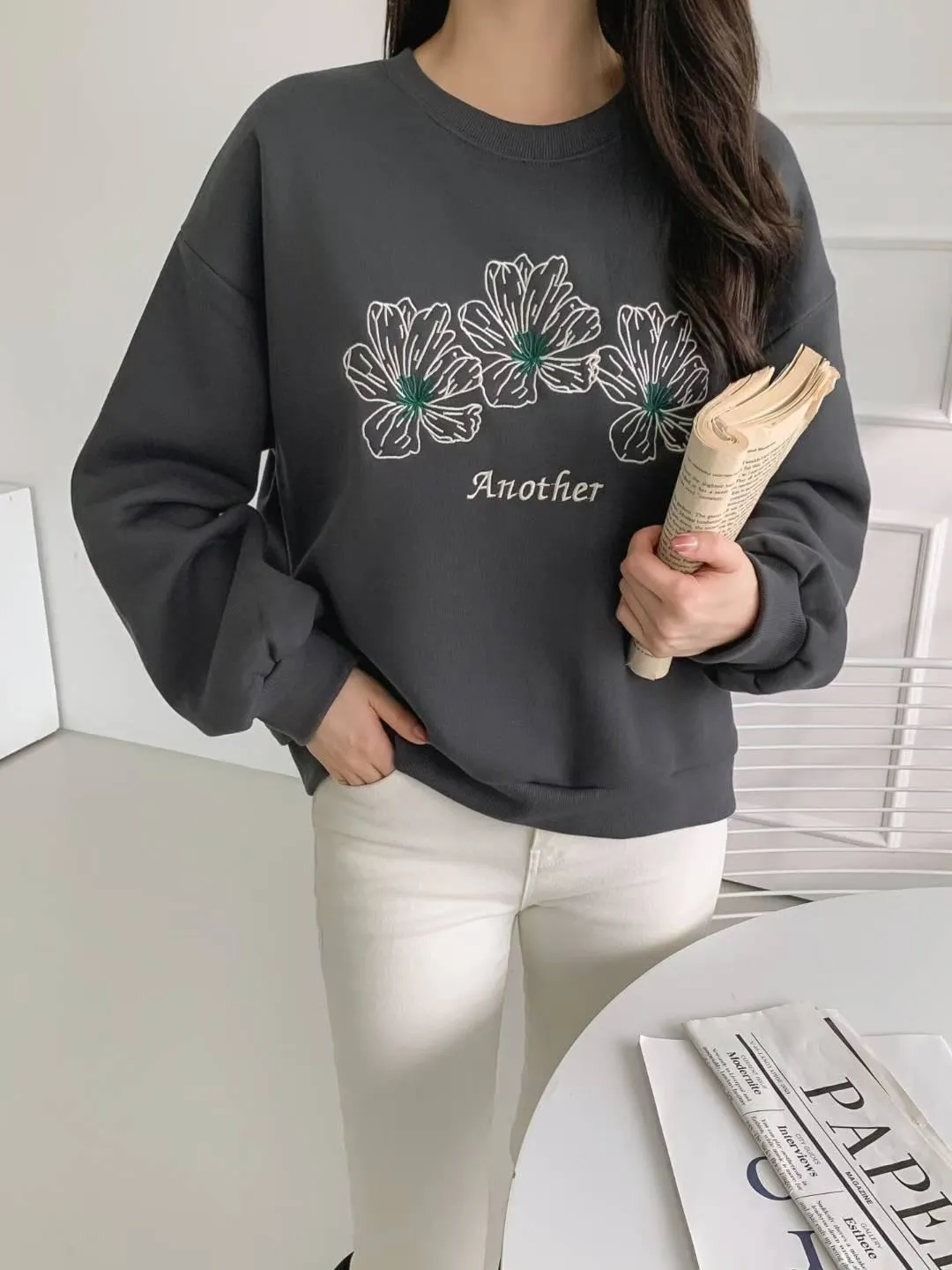 正韓刺繡刷毛大學T