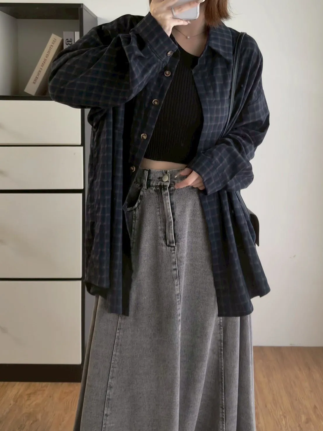 後抽繩雙色格子襯衫