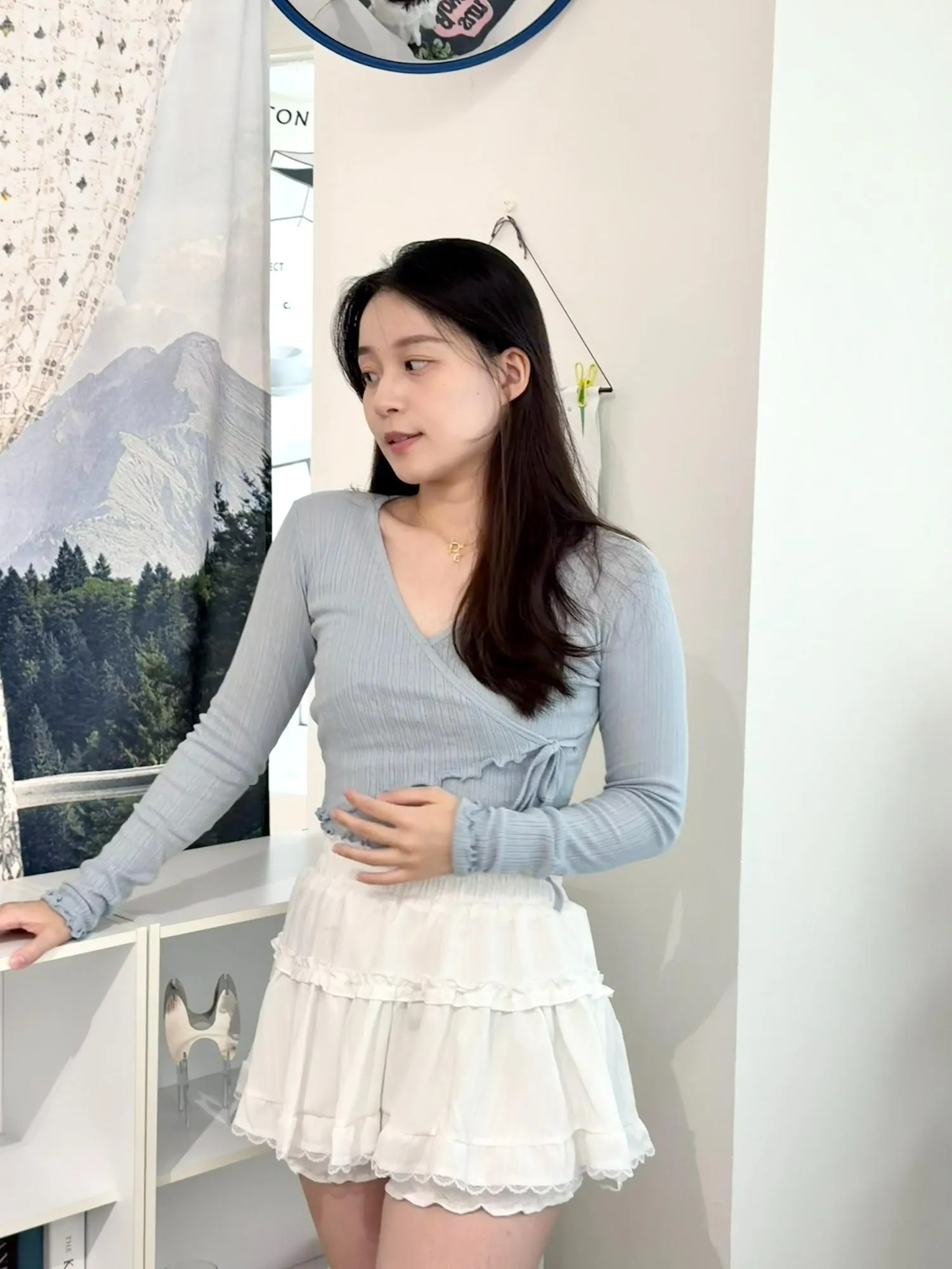 正韓修身短款蝴蝶結長袖上衣