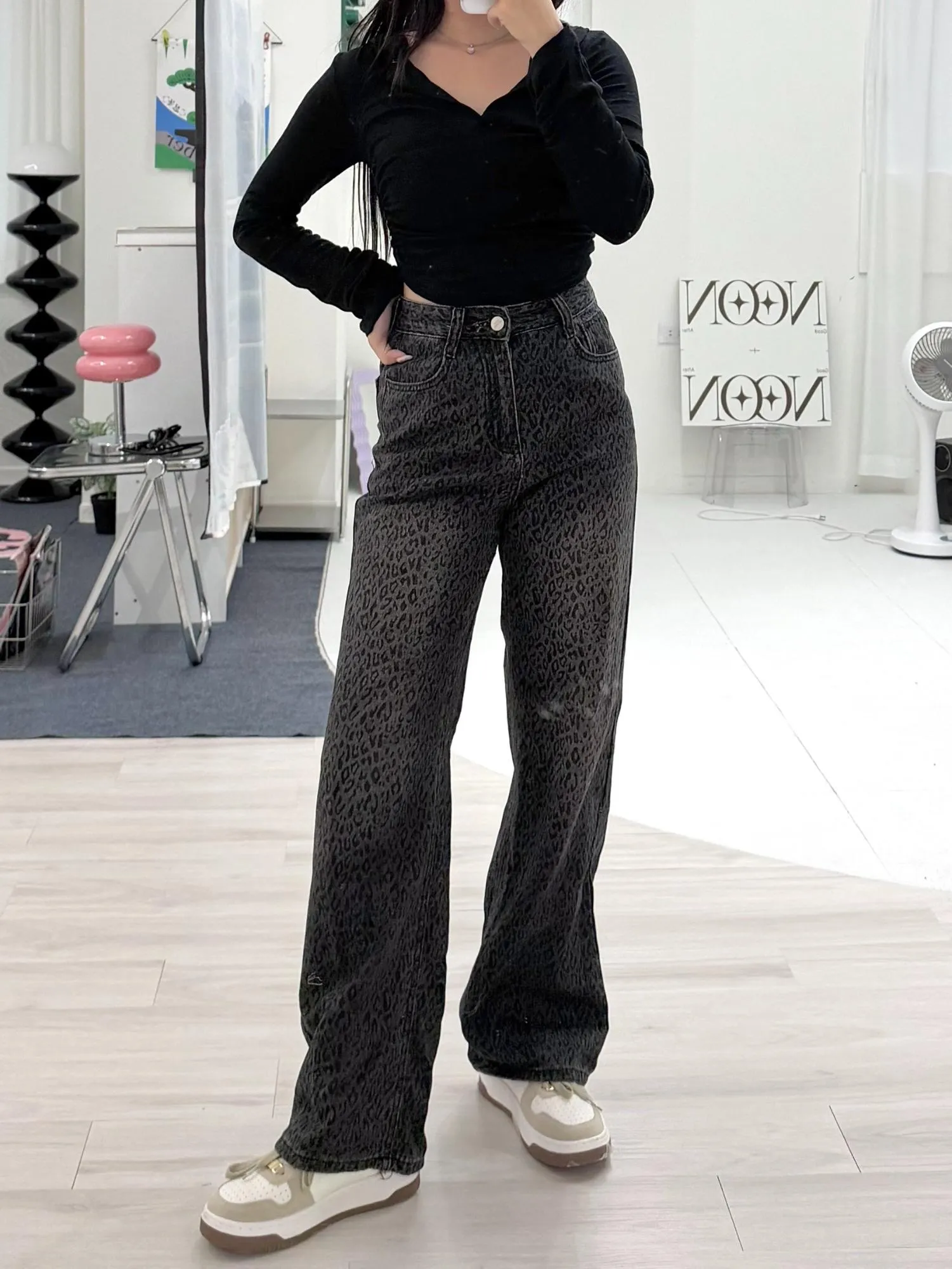 低調黑灰豹紋直筒褲