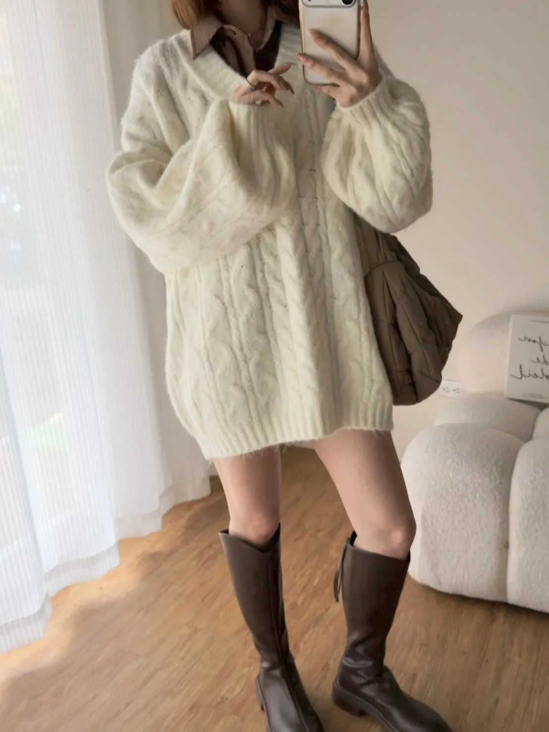 大版花苞袖V領麻花毛衣