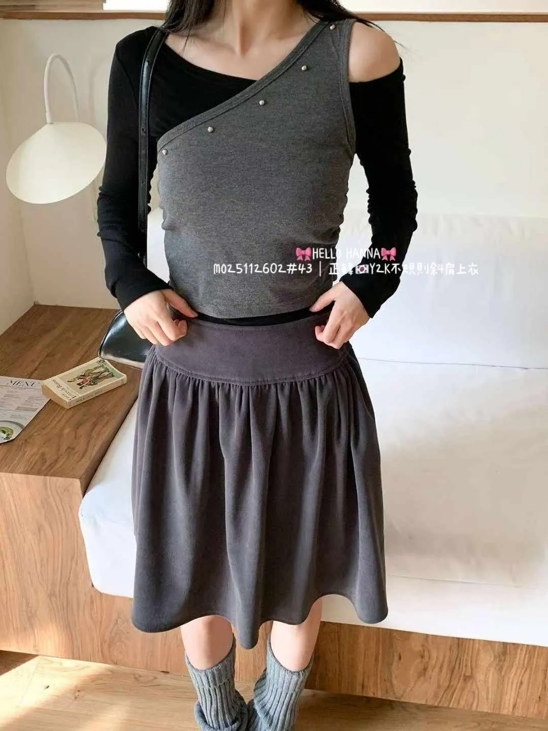 正韓Y2K不規則斜肩上衣