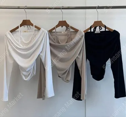 正韓無袖掛脖褶皺T恤