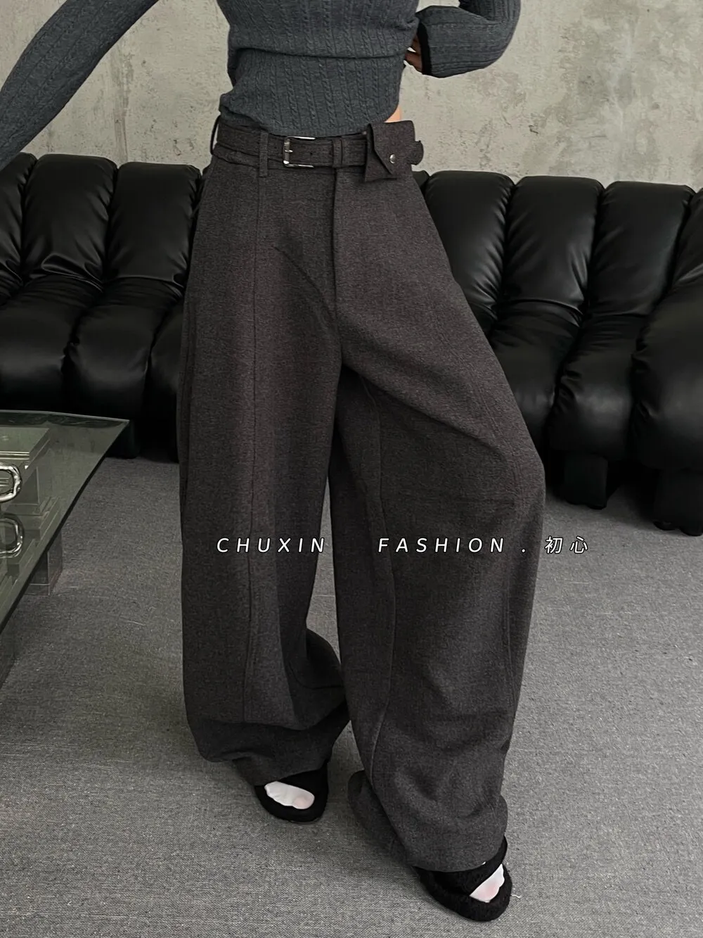 毛呢彎刀闊腿西裝褲（附腰帶）