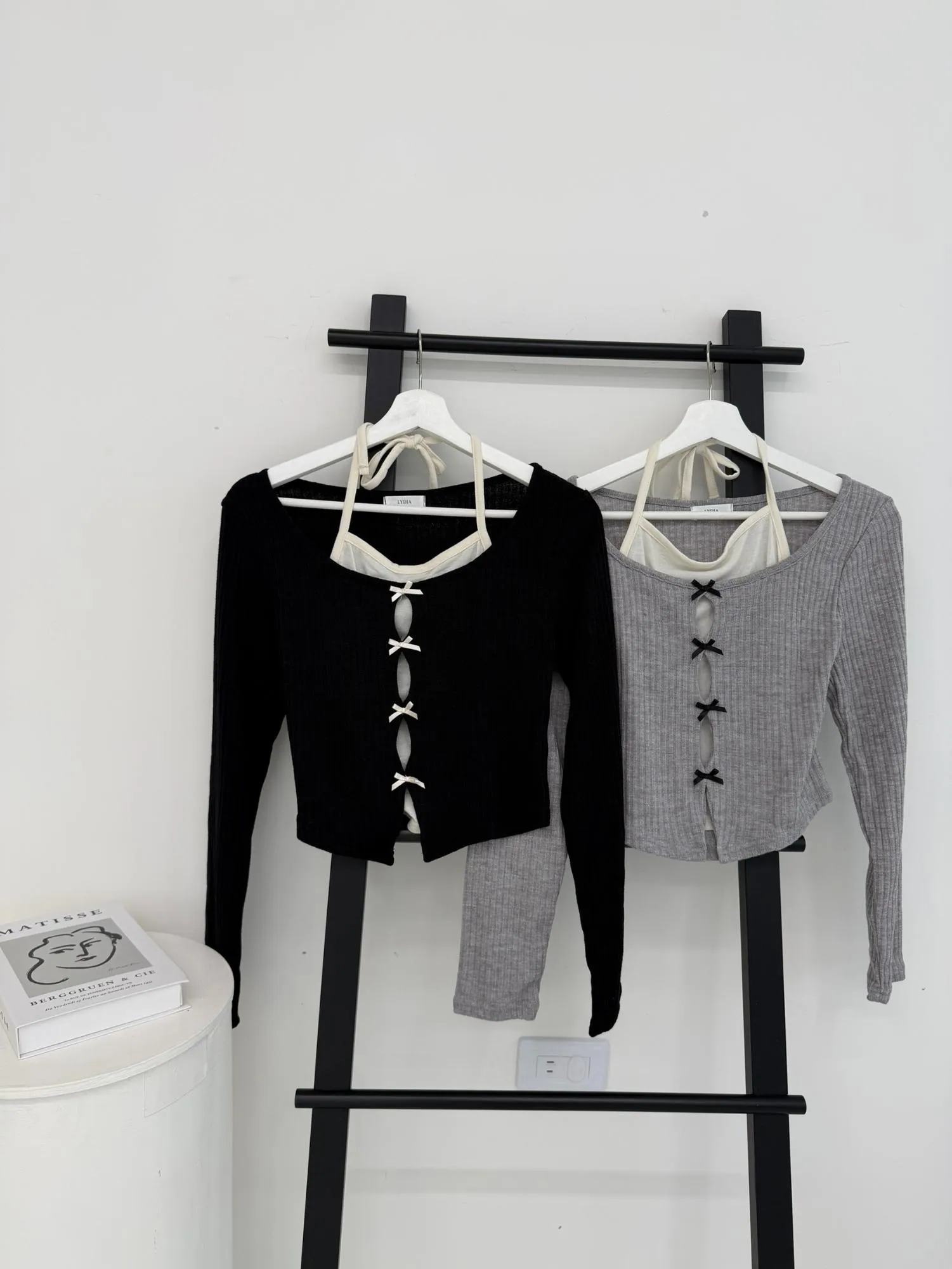 正韓螺紋緞帶長袖假兩件開衫