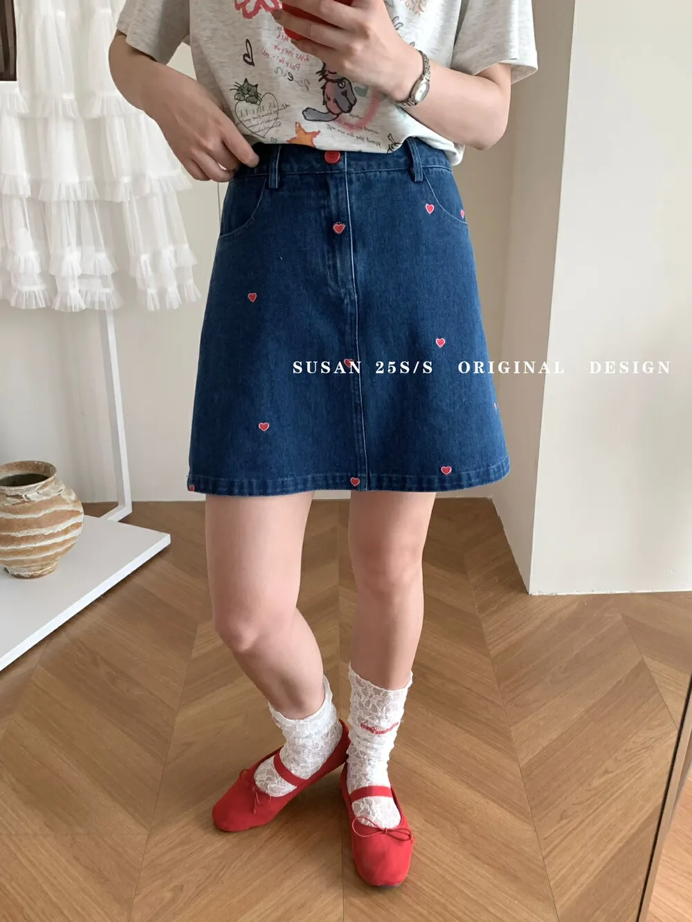 復古風高腰寬刺繡立體花朵牛仔裙