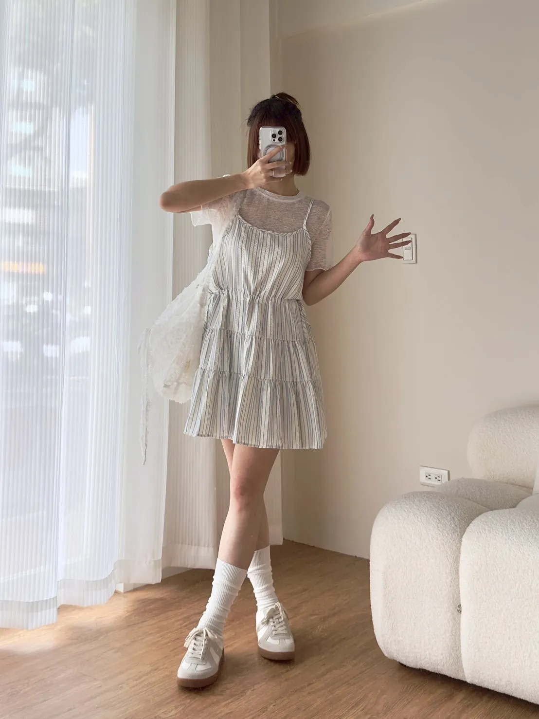 超美雙色直條短洋裝