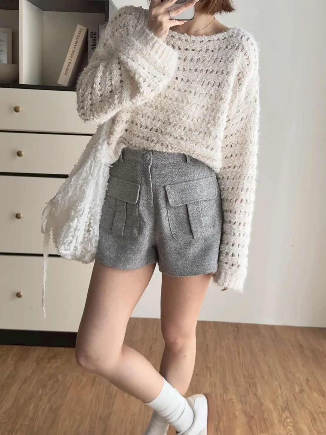 包釦立體口袋毛料短褲