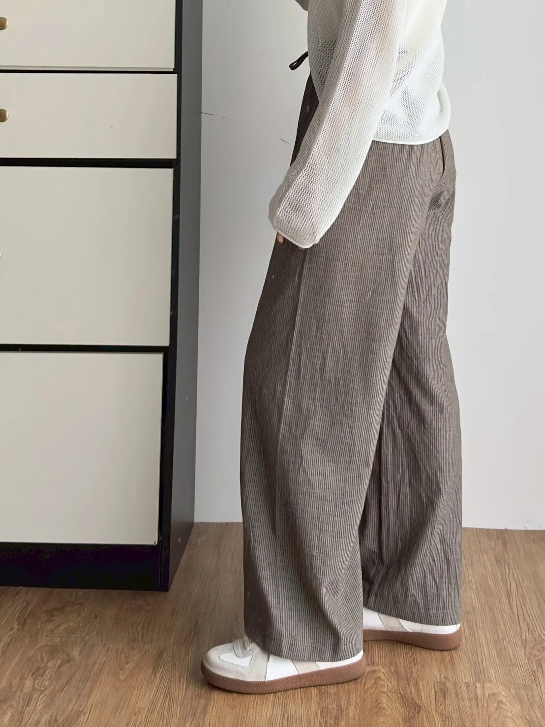 直條綁帶棉麻長褲