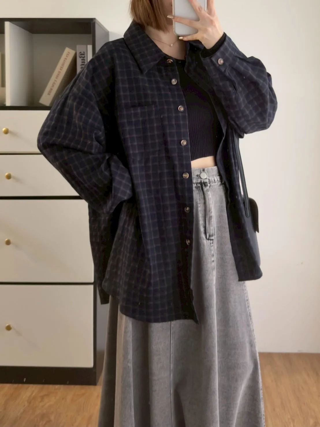 後抽繩雙色格子襯衫