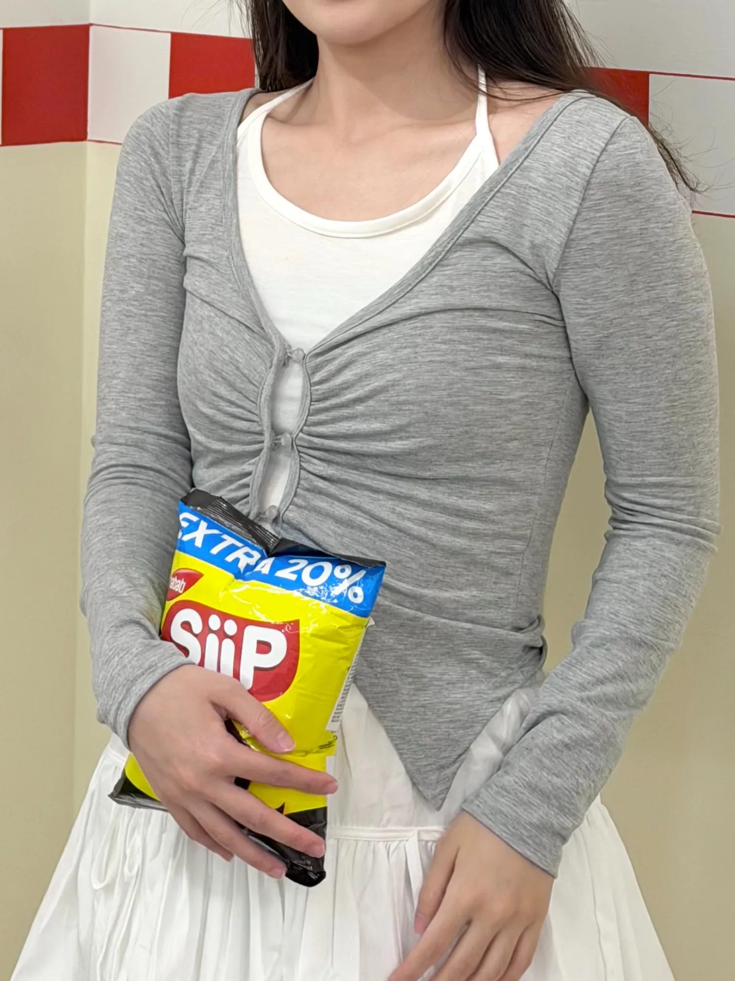 正韓假兩件Y2K掛脖褶皺上衣