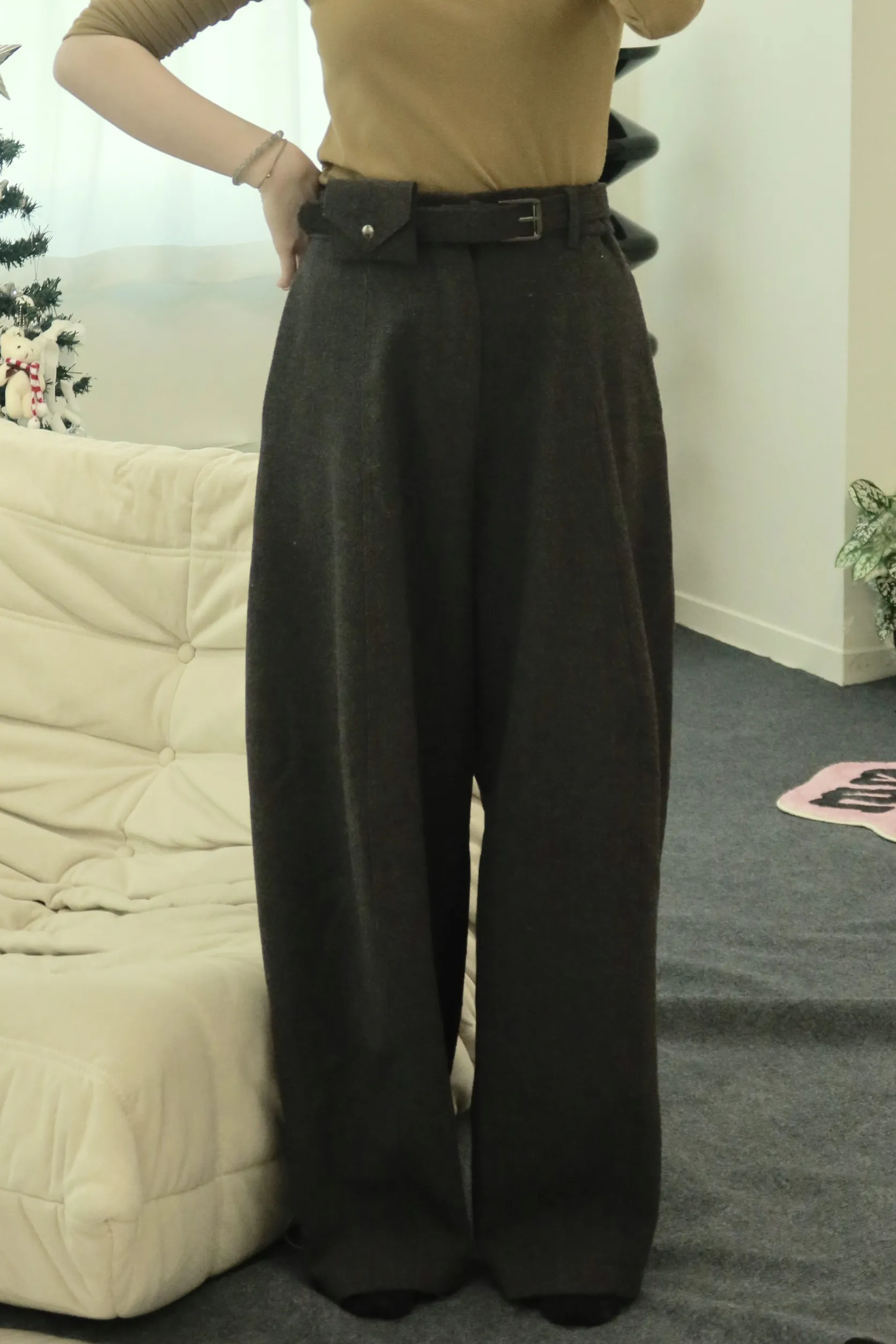 毛呢彎刀闊腿西裝褲（附腰帶）
