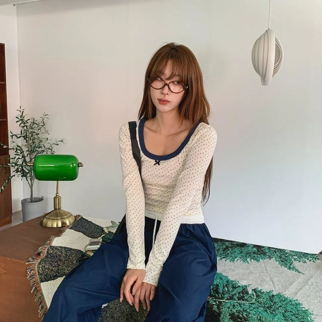 正韓雙拼小碎花修身上衣