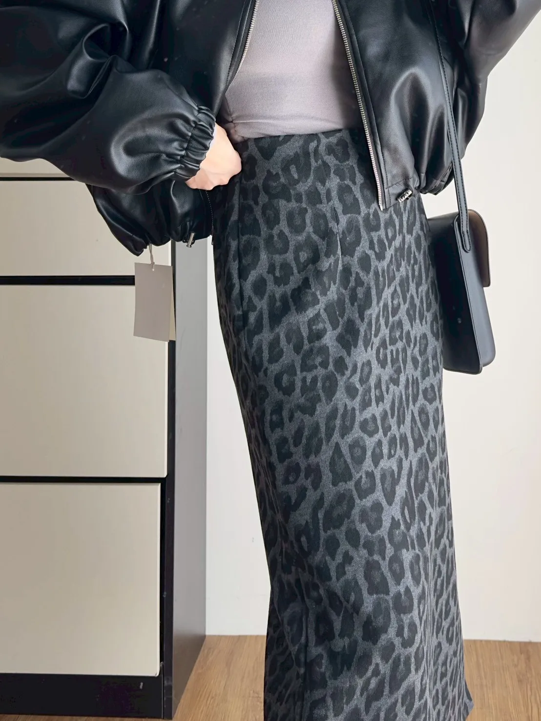 秋冬豹紋後開衩A字長裙
