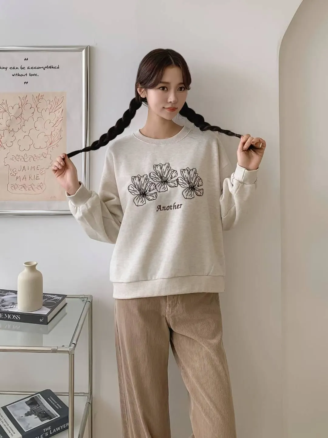 正韓刺繡刷毛大學T