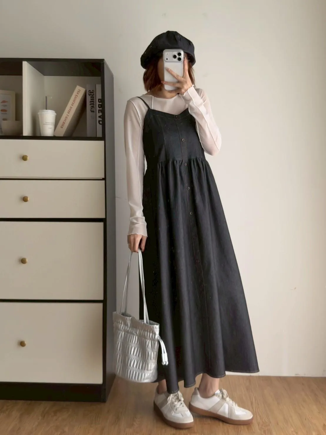 細肩排釦丹寧長洋