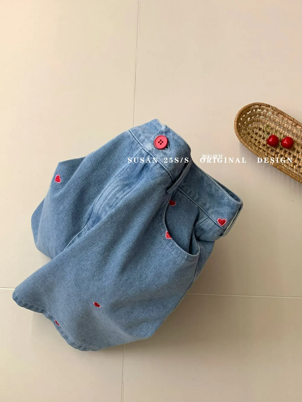 復古風高腰寬刺繡立體花朵牛仔裙