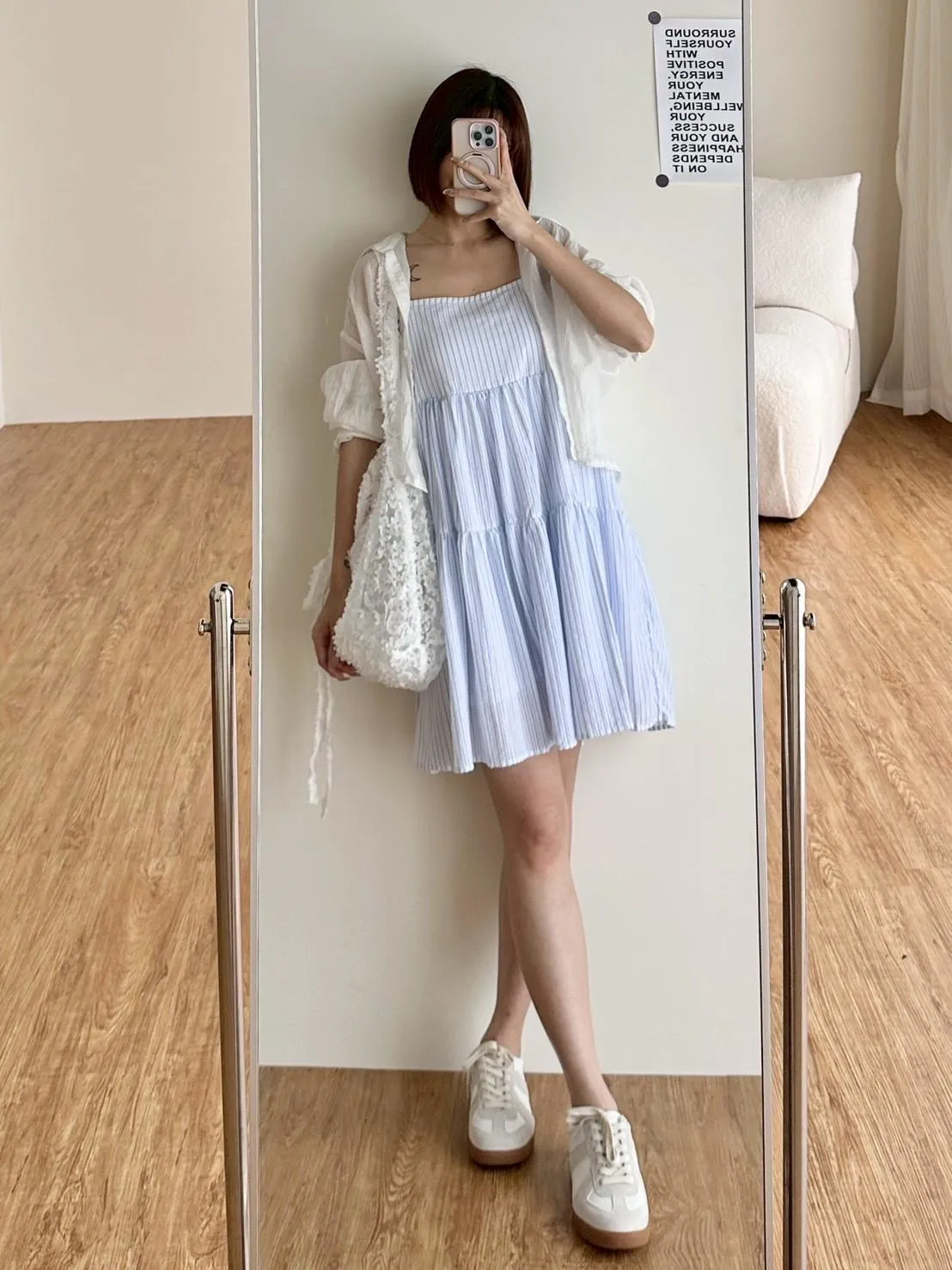 超美雙色直條短洋裝