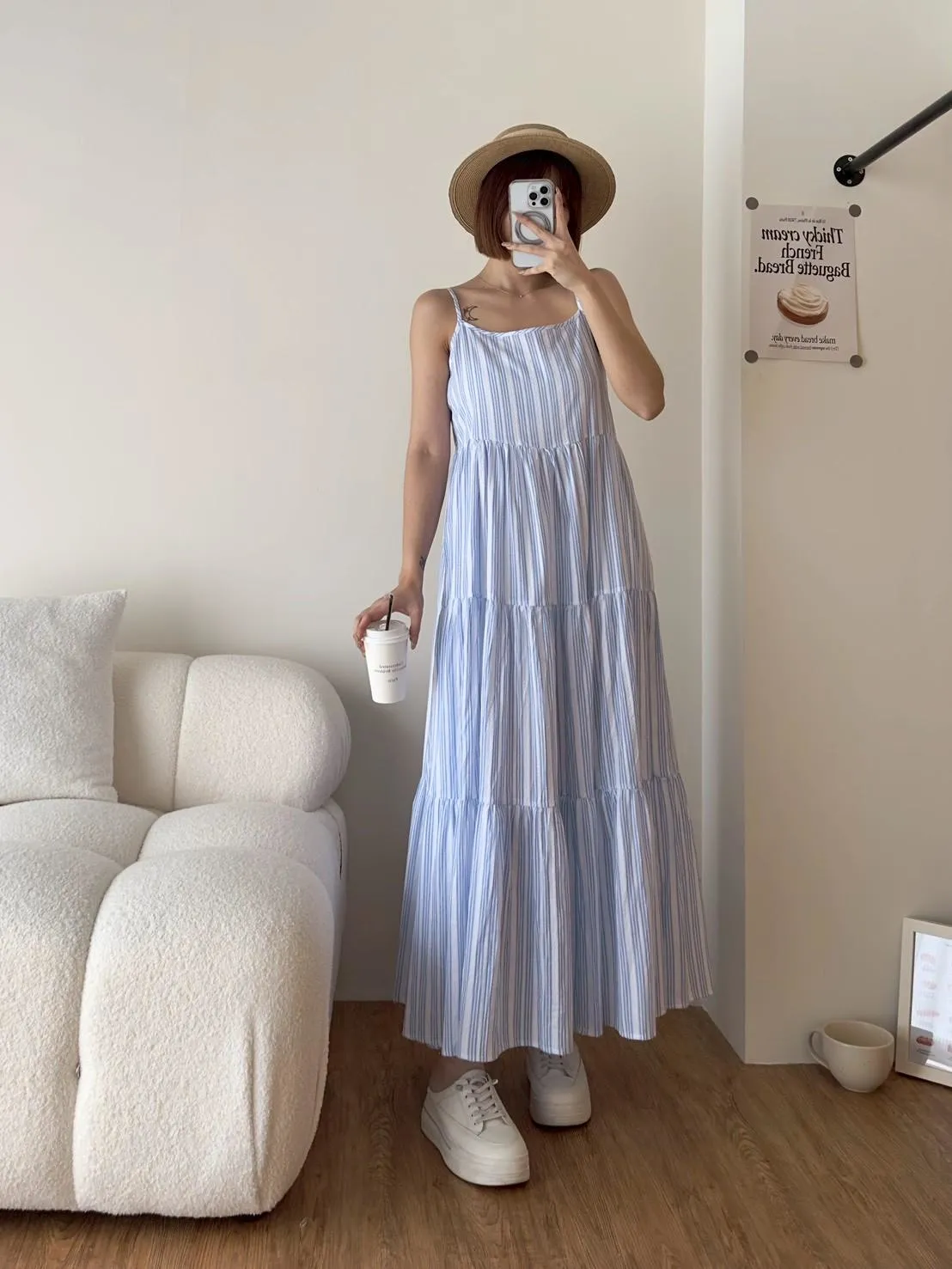 超美雙色直條蛋糕長洋裝