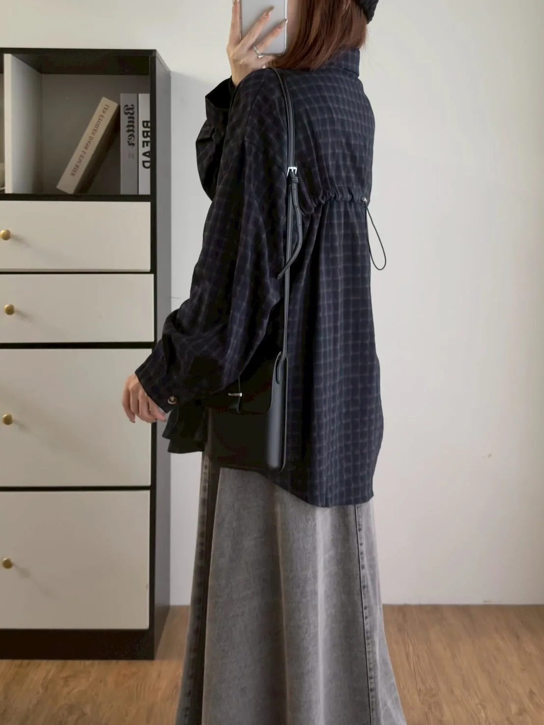 後抽繩雙色格子襯衫