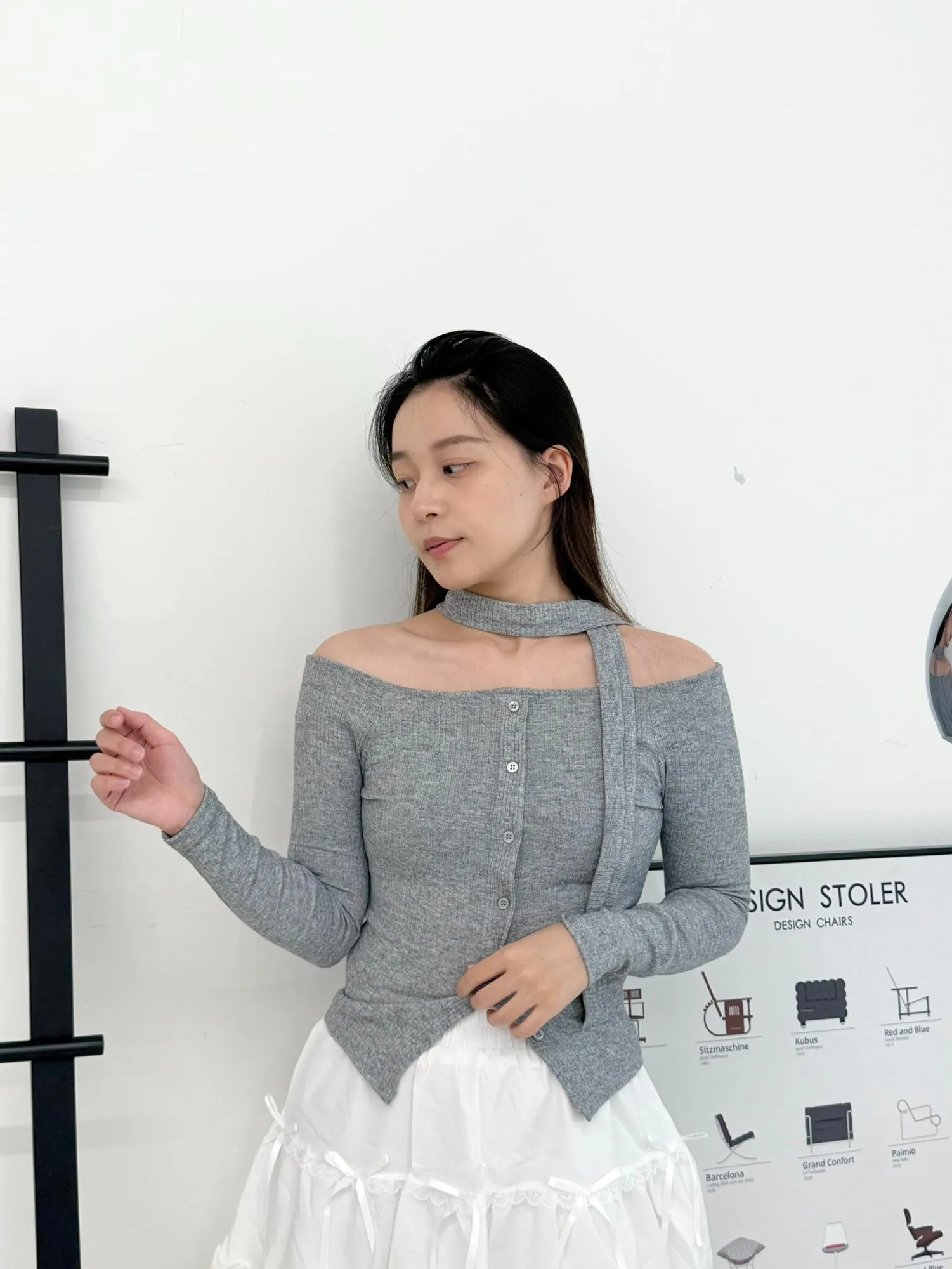 正韓平口附圍巾針織排扣套裝