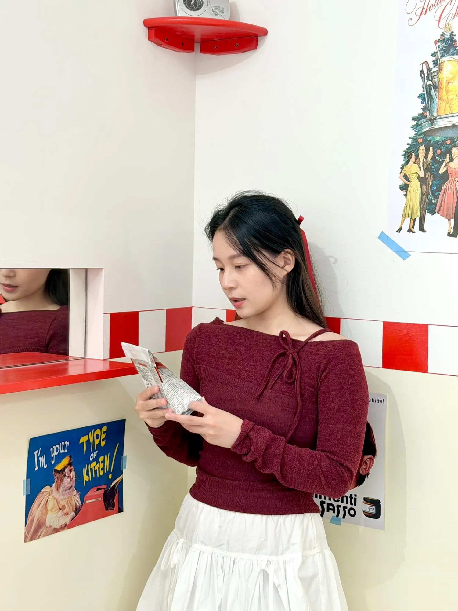 正韓露肩針織假兩件上衣