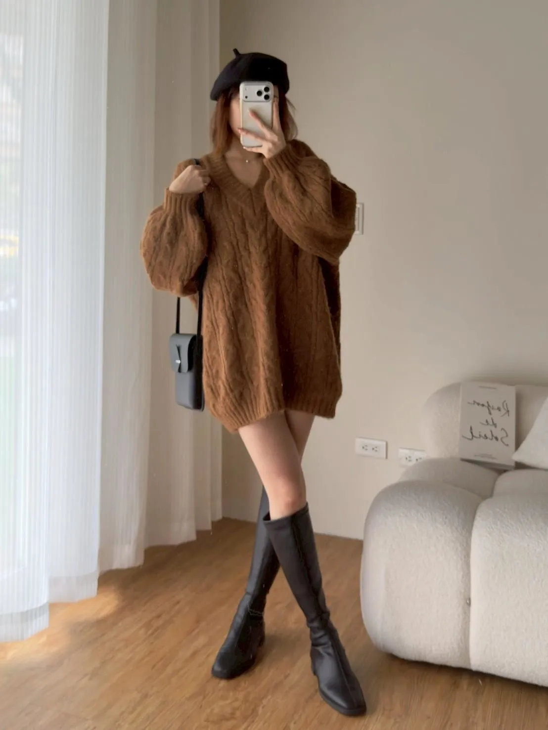 大版花苞袖V領麻花毛衣