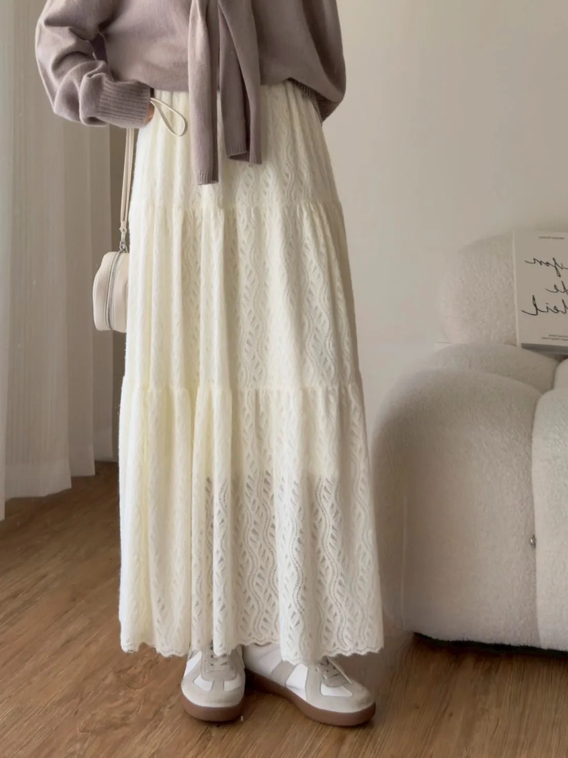 加絨蕾絲蛋糕長裙