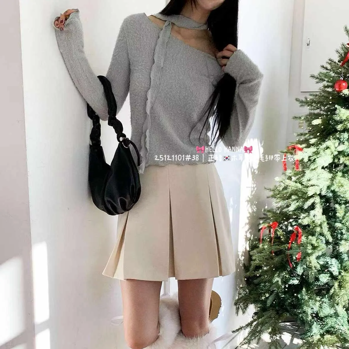 正韓木耳邊QQ毛綁帶上衣